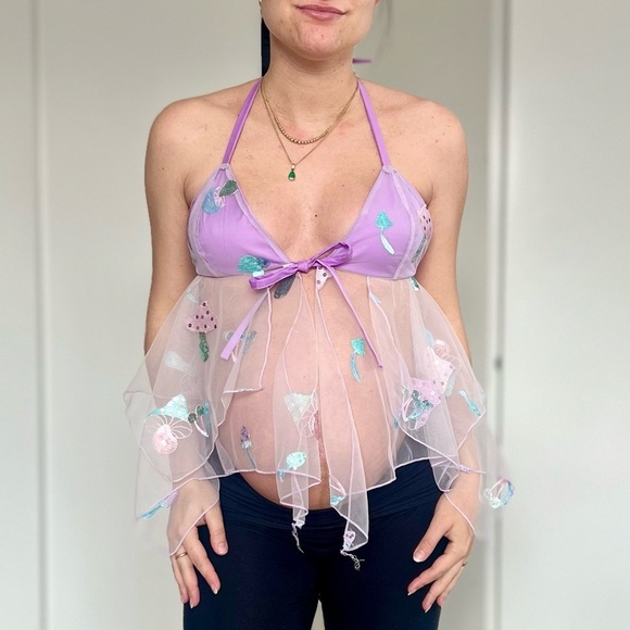 Wet Seal Tops - Handmade Y2K Fairycore Mushroom Babydoll Halter Top – Lilac Purple - Size S